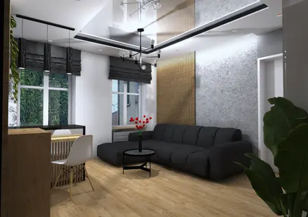 Wnętrze salonu w stylu industrialnym z nowoczesnymi akcentami, skandynawskim designem.