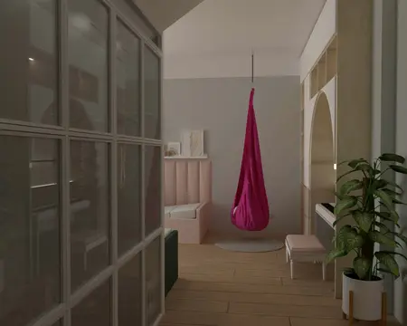 Wnętrze pokoju z hamakiem, rośliną i pastelowymi odcieniami. Styl boho i minimalistyczny.