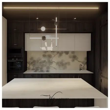 Kuchnia w stylu industrialnym z elementami japandi, minimalistycznymi i quiet luxury.