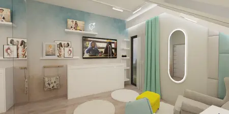 Wnętrze pokoju z telewizorem, zielonymi zasłonami, styl art deco, boho, japandi.
