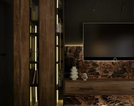 Pokój z drewnianą ścianą, telewizorem i nowoczesnymi akcentami