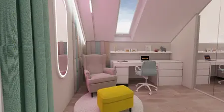 Wnętrze poddasza z biurkiem, fotelem, zielonymi zasłonami, styl art deco, boho, nowoczesny.