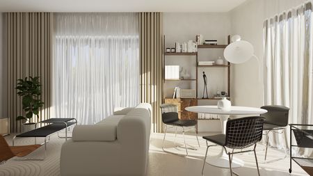 Wnętrze salonu w stylu nowoczesnym, soft minimalizm, vintage z białą sofą.