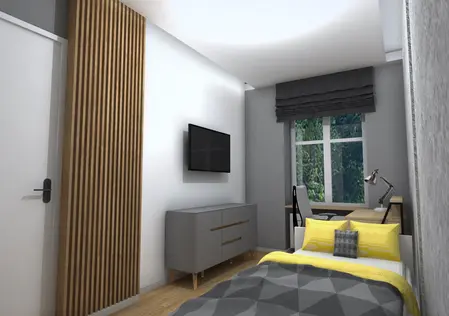 Wnętrze pokoju z szarymi ścianami, żółtym łóżkiem i biurkiem w stylach industrialnym, nowoczesnym, skandynawskim.
