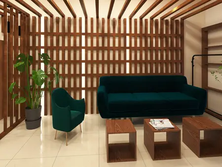Eklektyczny salon z zieloną sofą, drewnianymi meblami i roślinnością.