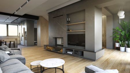 Wnętrze salonu w stylu industrialnym, minimalistycznym, skandynawskim z drewnianą podłogą i roślinami.