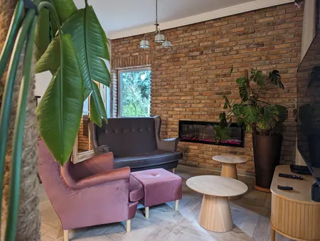 Wnętrze salonu w stylu boho z ceglaną ścianą i roślinami.