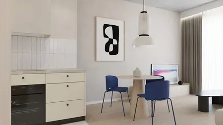 Wnętrze kuchni w stylu japandi, minimalistycznym i współczesnym z jasnymi meblami.