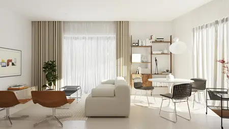 Wnętrze salonu w stylu nowoczesnym, soft minimalizm i vintage z białą sofą i drewnianymi detalami.