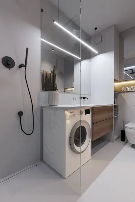 Nowoczesna łazienka w stylu eklektycznym, minimalistycznym i soft minimalizm z pralką.