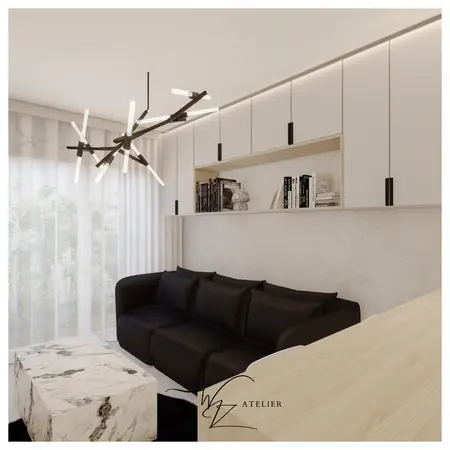 Wnętrze salonu w stylu glamour, industrialnym i japandi z czarną sofą i marmurowym stolikiem.