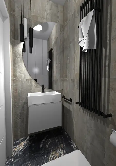 Łazienka w stylu dopaminowym z industrialnymi i minimalistycznymi elementami.