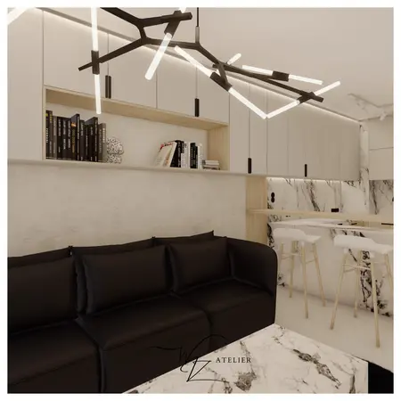 Wnętrze salonu w stylu glamour i skandynawskim z czarną sofą i białymi akcentami.
