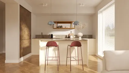 Kuchnia w stylu soft minimalizm, vintage, współczesny z drewnianymi elementami.