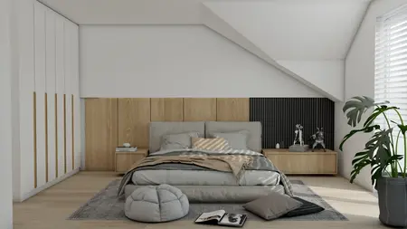 Wnętrze sypialni z drewnianym łóżkiem, minimalistycznymi detalami i rośliną, styl industrialny.