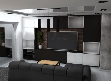 Wnętrze salonu w stylach industrialnym, japandi, minimalistycznym z czarną sofą i telewizorem.