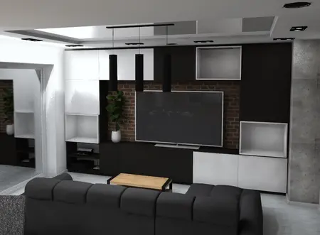 Wnętrze salonu w stylach industrialnym, japandi, minimalistycznym z czarną sofą i telewizorem.