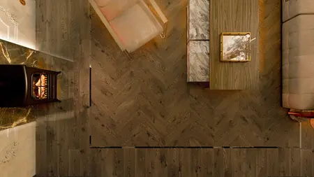 Wnętrze salonu w stylu art deco i glamour z drewnianą podłogą i kominkiem.