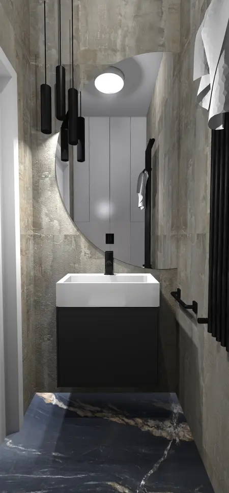 Wnętrze łazienki z czarną umywalką i szarymi ścianami, industrialny styl, dopamine decor, japandi.