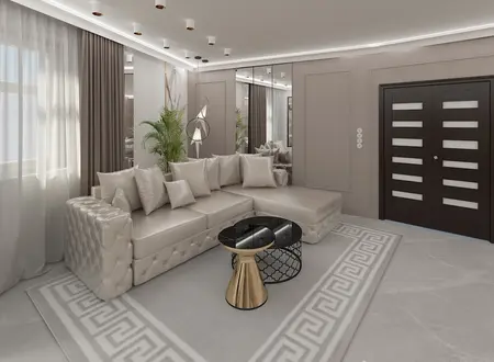 Glamour wnętrze salonu z beżową sofą i eleganckim stolikiem.