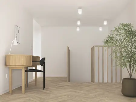 Minimalistyczne wnętrze biura w stylu japandi z drewnianym biurkiem i rośliną.