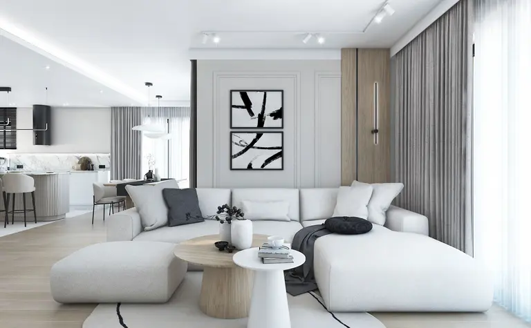 Wnętrze salonu w stylu japandi i minimalistycznym z nowoczesnymi meblami.