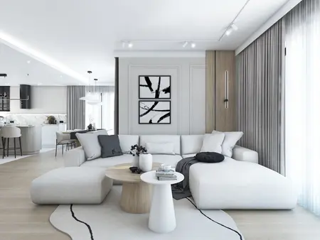 Wnętrze salonu w stylu japandi i minimalistycznym z nowoczesnymi meblami.