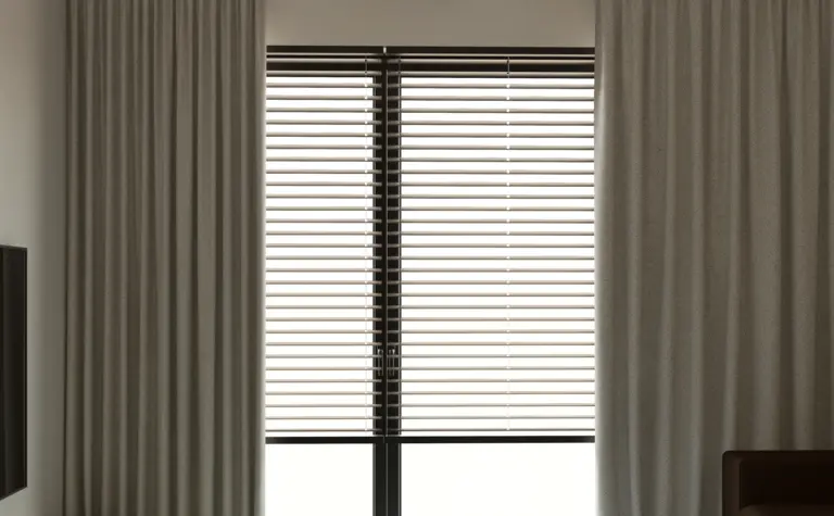 Minimalistyczny salon z szarymi zasłonami i nowoczesnym stolikiem.