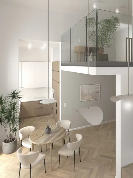 Wnętrze jadalni w stylu japandi i minimalistycznym z drewnianym stołem i roślinami.