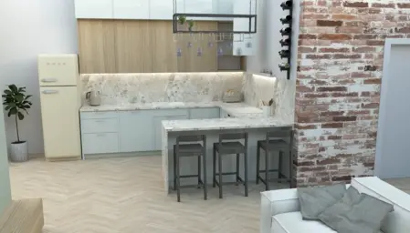 Kuchnia w stylu industrialnym i nowoczesnym z beżowymi meblami, marmurowym blatem oraz ceglaną ścianą.