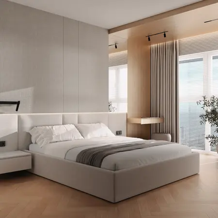 Elegancka sypialnia w neutralnych barwach z tapicerowanym łóżkiem, panelami ściennymi i dużym oknem. Minimalistyczne wykończenie i naturalne światło tworzą przytulną atmosferę.