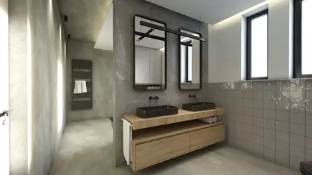 Nowoczesna łazienka z industrialnym i minimalistycznym designem, z drewnianymi elementami.