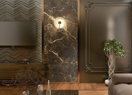 Stylowe wnętrze salonu z elementami art deco i glamour, z telewizorem i rośliną.