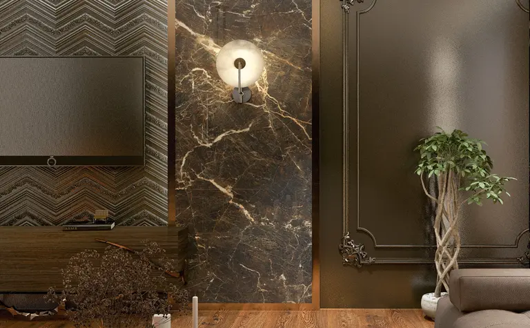 Stylowe wnętrze salonu z elementami art deco i glamour, z telewizorem i rośliną.