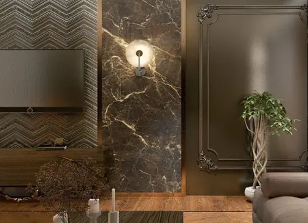 Stylowe wnętrze salonu z elementami art deco i glamour, z telewizorem i rośliną.
