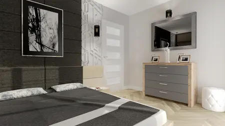 Wnętrze sypialni z szarymi ścianami i drewnianymi meblami. Styl nowoczesny.