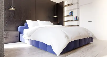 Sypialnia w stylu industrialnym i minimalistycznym z niebieskim łóżkiem i białą pościelą.