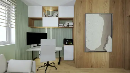 Wnętrze nowoczesnego gabinetu z biurkiem, drewnem i telewizorem