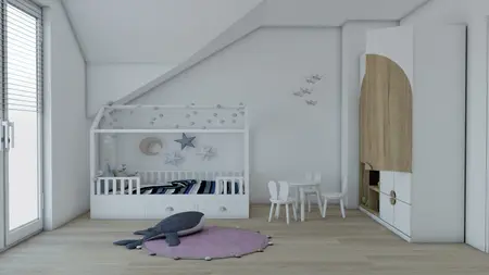 Pokój dziecięcy w stylu minimalistycznym z białymi meblami i drewnianymi detalami.