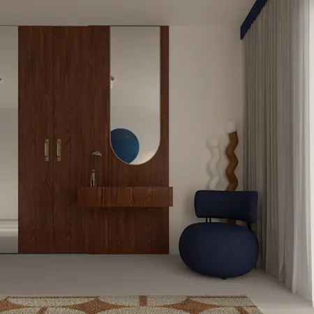 Wnętrze z brązowymi meblami i niebieskim krzesłem, dopamine decor, eklektyczny, minimalistyczny, współczesny
