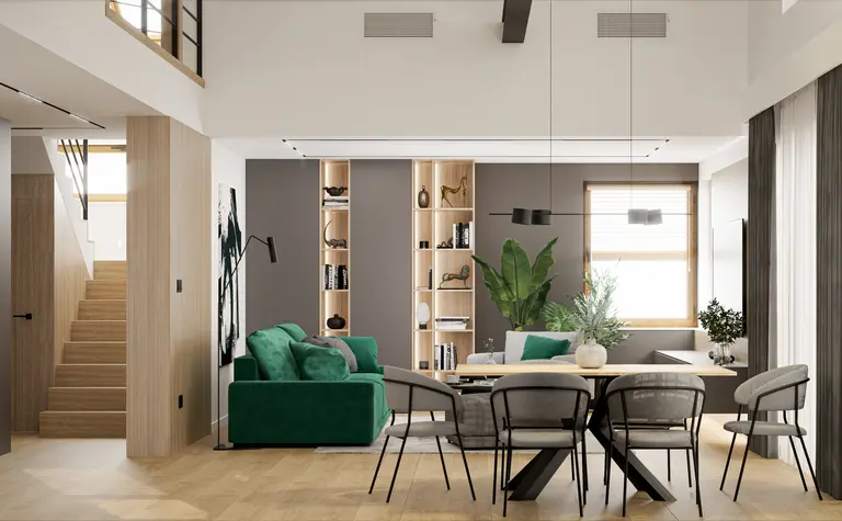 Wnętrze salonu z minimalistycznym i nowoczesnym designem, zielona sofa i drewniane akcenty.