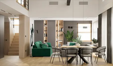 Wnętrze salonu z minimalistycznym i nowoczesnym designem, zielona sofa i drewniane akcenty.