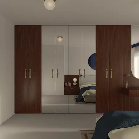 Wnętrze sypialni z brązowymi szafkami, minimalistyczne akcenty, styl dopamine decor i eklektyczny.
