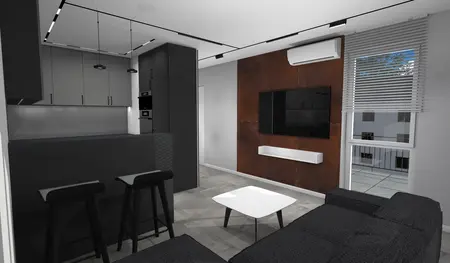 Wnętrze salonu w stylu art deco, boho i minimalistycznym z szarymi meblami.