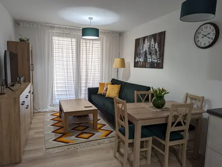 Wnętrze salonu w stylu art deco, prowansalskim, skandynawskim i tradycyjnym z zieloną sofą.