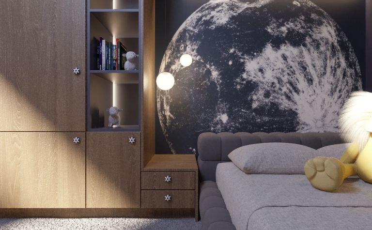 Pokój dziecięcy z drewnianą szafą i nowoczesnymi lampami w stylu industrialnym i minimalistycznym.