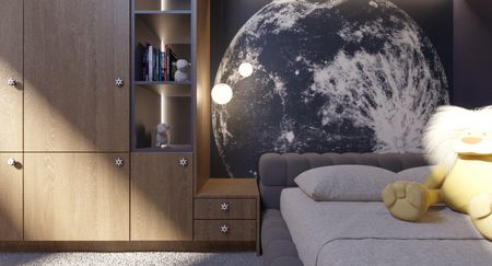 Pokój dziecięcy z drewnianą szafą i nowoczesnymi lampami w stylu industrialnym i minimalistycznym.