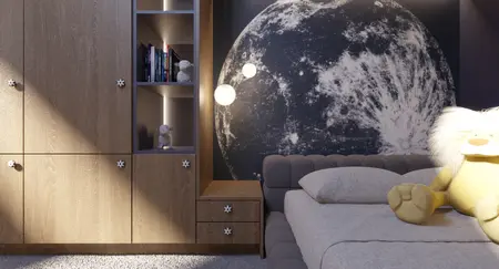 Pokój dziecięcy z drewnianą szafą i nowoczesnymi lampami w stylu industrialnym i minimalistycznym.