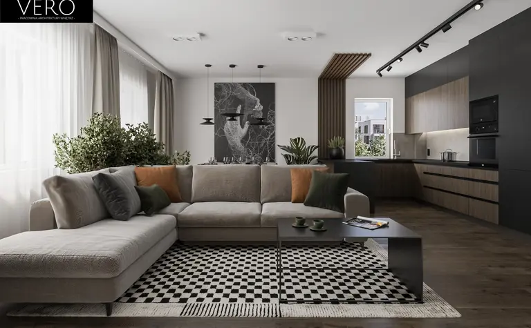 Nowoczesny salon z szarym narożnikiem, roślinnością i drewnianymi detalami.