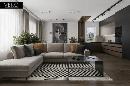 Nowoczesny salon z szarym narożnikiem, roślinnością i drewnianymi detalami.